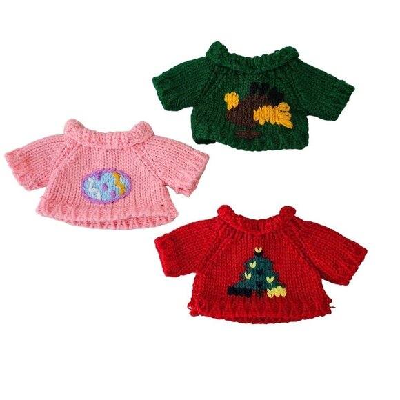 Hand Knit Wool Doll Sweaters Holidays Easter Thanksgiving Christmas Pink Grn Red - Picture 1 of 7